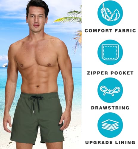 Image of Mens Swim Trunks Compression Liner No Mesh Swimming Trunks Men Swimwear Quick Dry Above Knee Zipper Pocket Swim Shorts