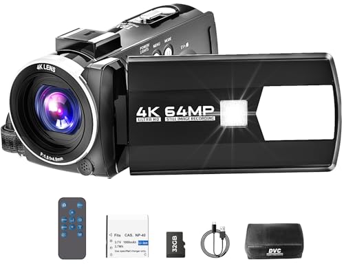 FIREFOTO Videokamera 4K 64MP Camcorder für YouTube, Video Kamera 18X Digitalzoom 3,0' 270° IPS Bildschirm, Vlogging Kamera mit 32GB SD-Karte, Batterie, Fernbedienung