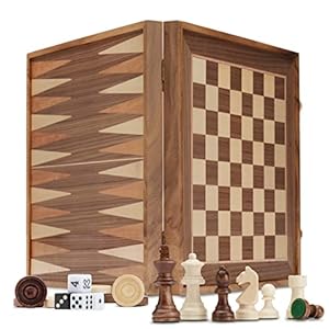 A&A 16 inch Deluxe 3 in 1 Wooden Backgammon Set-Chess Set with Checkers/ 3.0 inch King Height Staunton Chess Pieces