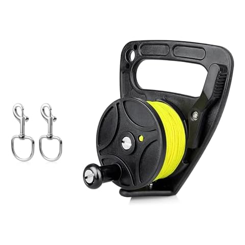 150ft Scuba Dive Reel with Thumb Stopper Black for Kayak Anchor, Cave, Wreck Diving 2 Piece Swivel Large Eye Bolt Snap Stainless Steel for Scuba Diving, Boat Anchor Rope Cover