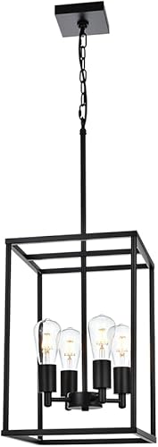 eluze Candelabro moderno de 4 luces con colgante de farol cuadrado negro para comedorcocina, lámparas colgantes con jaula de metal ajustable