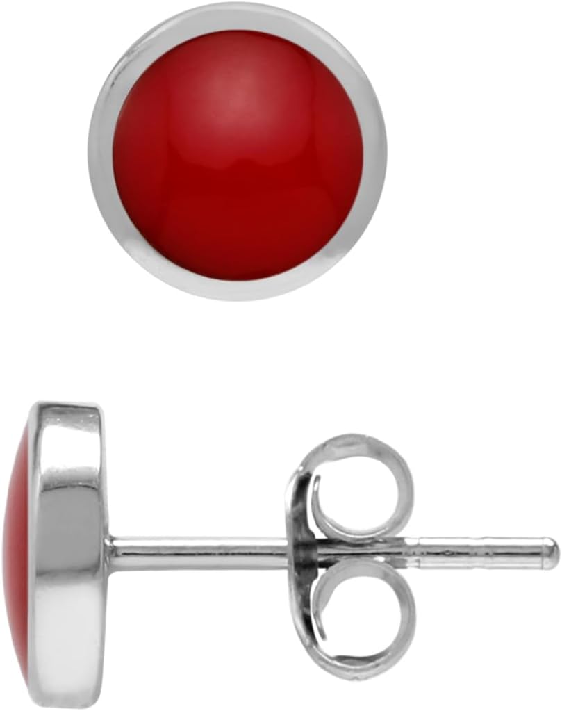 Silvershake 6MM Round Shape Cabochon Stones or Inlay White Gold Plated or Yellow Gold Plated 925 Sterling Silver Bezel Set Stud Earrings Jewelry for Women or Teens