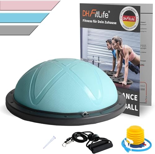 DH FitLife Balón de equilibrio, yoga, entrenador de equilibrio de 60 x 22 cm hasta 200 kg, media pelota de gimnasia, tabla de equilibrio con bomba y 2 bandas de fitness (azul)