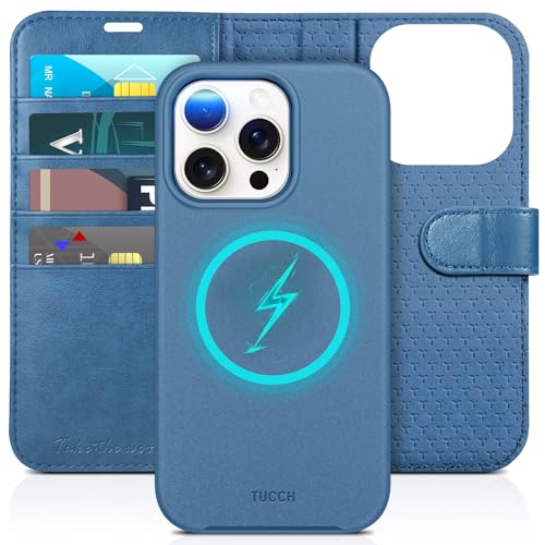 TUCCH Wallet Case for iPhone 15 Pro, [Removable] 2-in-1 Stand RFID Blocking 4 Card Slot Wireless Charging Protective Case, Magnetic PU Leather Detachable Folio Compatible with iPhone 15 Pro, Lake Blue by TUCCH - Used condition - CA$25.71