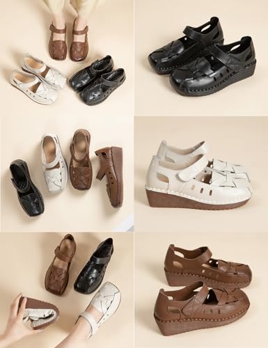 Women's Woven Mary Jane Wedge Sandals,Comfortable Closed Toe Cutout Leather Soft Sole Ankle Strap Oxford Dress Pumps3