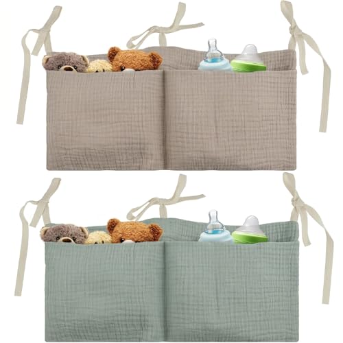 Solisara Lot de 2 Sac de Rangement pour Lit Suspendu, Organisateur en Coton avec Sangles Ajustables et Poches Spacieuses pour Couches Biberons et Accessoires Quotidiens...