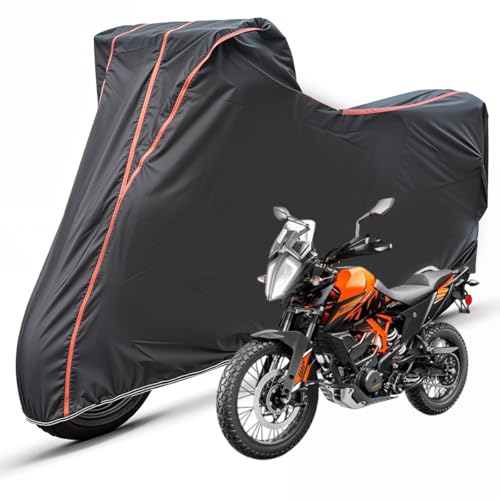 Image of Two Wheelers Bike Body Cover Compatible for KTM 390 Adventure, UV Resistant, Dustproof, Triple Stitched, Elastic Bottom, Red Piping Motorcycle Cover (Black, Pack of 1)