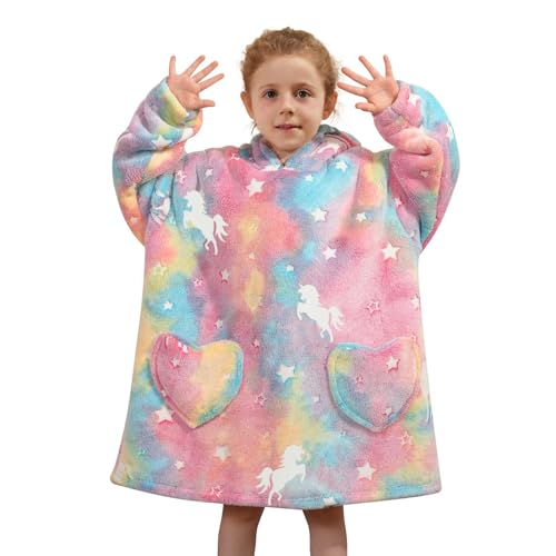 Wearable Blanket Hoodie for Kids Oversized Sherpa Blanket Hoodie for Kids Boys Girls Toddler 2-6YR Rainbow Unicorns