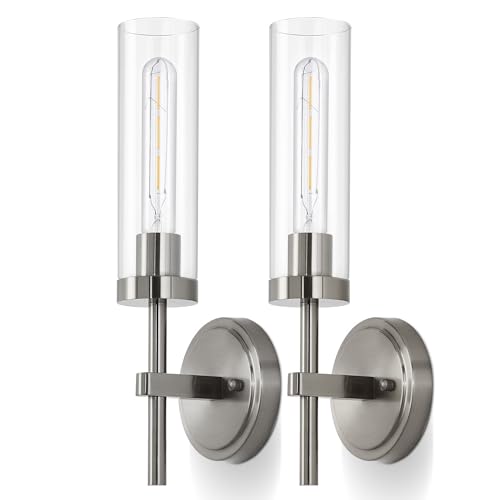Image of Q&U Brushed Nickel Hardwired Wall Sconces Set of 2 - Modern Bathroom Vanity Light Fixtures, Farmhouse Wall Mount Lamps for Mirror, Living Room, Bedroom, and Hallway