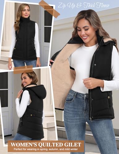 heekpek Damen Weste mit Kapuze Winterweste Ärmellose Fleeceweste Steppweste Kurz Reißverschlüsse Outdoor Warme Damenwesten Ärmellose Jacke Herbst Thermoweste, Schwarz, L