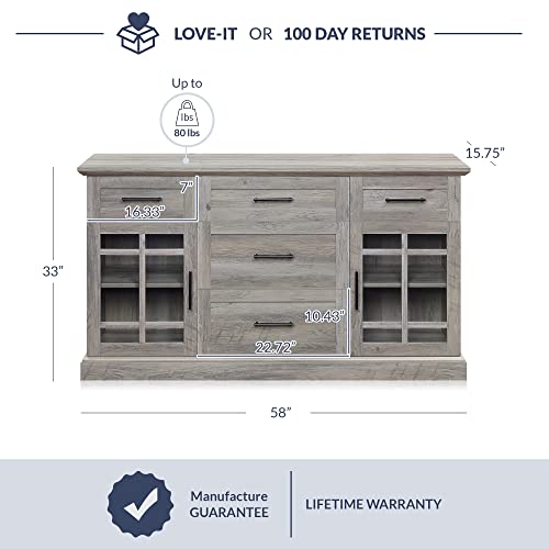 Belleze Sideboard Buffet Console Table, Versatile Media Cabinet With Drawers And Adjustable Shelves - 58 Inch - Astorga (Gray Wash) #TOP4