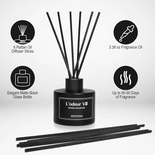 Lodeur-Vill-Reed-Diffuser-34oz100ml-Moroccan-Amber-Reed-Diffuser-Set-with-6-Oil-Diffuser-Sticks-Matte-Black-Aroma-Scent-Diffuser-Long-Lasting-Home-Fragrance-for-Bathroom-and-Bathroom Lodeur Vill Reed Diffuser 34oz100ml Moroccan Amber Reed Diffuser Set with 6 Oil Diffuser Sticks Matte Black Aroma Scent Diffuser Long Lasting Home Fragrance for Bathroom and Bathroom