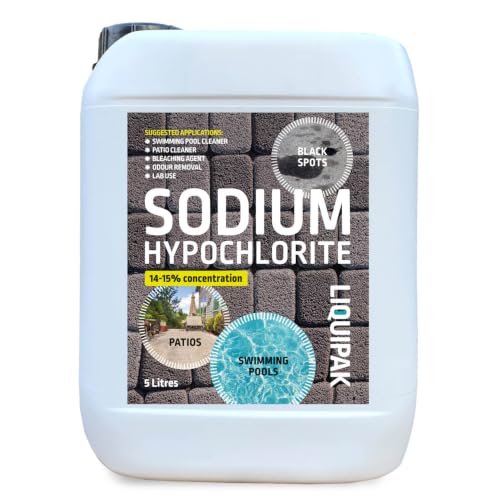 Liquipak Sodium Hypochlorite 5L Patio Cleaner | High Strength 14-15% Concentration | Swimming Pool Liquid Chlorine & Black Spot Remover | Bleach Solution