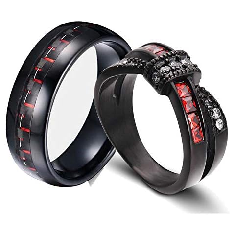 Gy Jewelry Two Rings His and Hers Wedding Ring Sets Couples Rings Women's Black Gold Filled Red Agate Cubic Zirconia Wedding Engagement Ring Bridal Sets & Men's Stainless Steel Wedding Band Cover