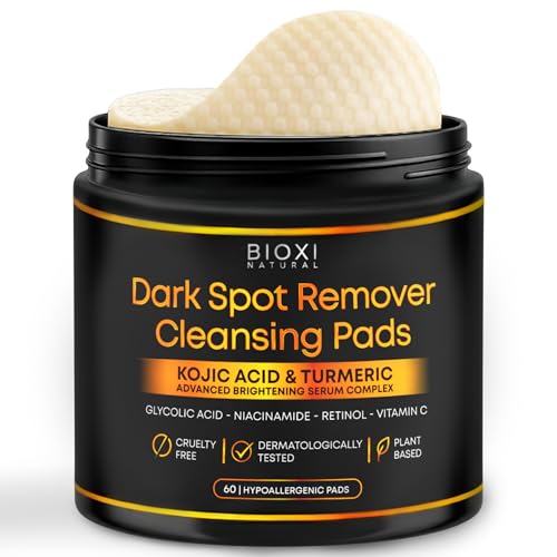 Dark Spot Remover Cleansing Pads with Kojic Acid & Turmeric - Advanced Korean Brightening Serum Complex with Glycolic Acid Niacinamide Retinol & Vitamin C for Face & Body - 60 Hypoallergenic Pads