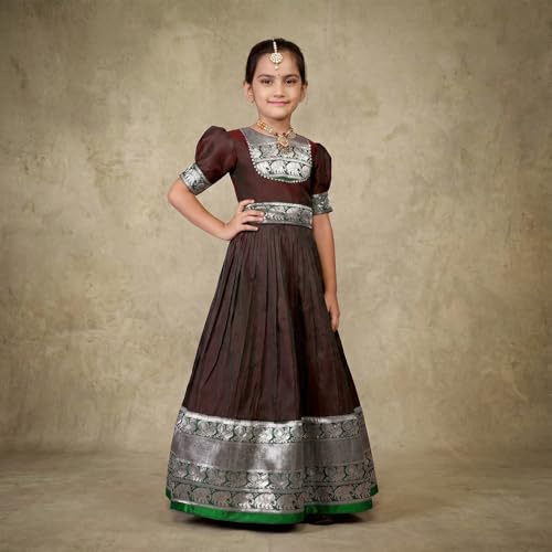 Image of Girls Silk Pattu Gown for Kids Traditional South Indian Long Ethnic Dress | Baby Girl Festival Pavadai Sattai Style Party Wedding Birthday Special Occasion Outfit