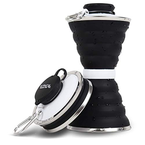 Botella plegable de 500 ml, de silicona, sin BPA, botella de agua para viajes, camping, senderismo y deporte, con mosquetón, color Negro
, tamaño 19cm x 9,5cm; 4,5cm x 9,5cm (eingeklappt)