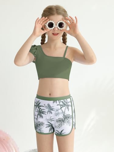 Image of ESHOO Girls Swimsuit 3 Piece Bathing Suit Ruffled Bikini Set with Shorts for Girls 9-16 Years Swimwear