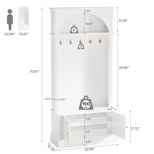 Image of Tribesigns Hall Tree with Bench and Shoe Storage, 4-in-1 Design Entryway Bench with Coat Rack, 70.86 inch Tall Mudroom Rack with 5 Double Hooks and Adjustable Shelf for Hallway (White)