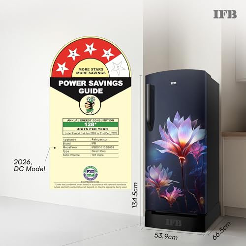 Image of IFB 187L 4 Star Advanced Inverter Direct-Cool Single Door Refrigerator with 30 Hrs Cooling Retention, Big Vegetable Box, 4 Year Super Warranty & Base Stand (2026, IFBDC-213DYBPED,Paradise Dream Blue)