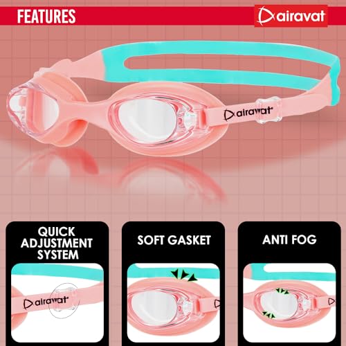 Image of AIRAVAT Hydro 0027 Swimming kit, Swimming Set With Swimming Goggle Nose & Ear Plug And Swim Cap | Optic Quality Poly carbonate Lenses, 100% UV Protection Anti-fog Coated, Ultra Durable (Peach)