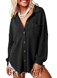Dokotoo Womens Tops 2026 Fashion Waffle Knit Shirts Solid Color Oversized Long Sleeve Jacket Button Up Pockets Shirts Ladies Loose Fit Black Shacket Tunic Blouses Fall Outfits XX-Large