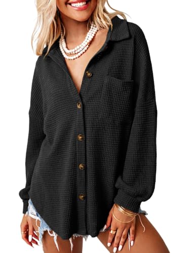 Image of Dokotoo Womens Waffle Knit Shacket Jacket Casual Button Down Shirts Tops | Long Sleeve,Loose Fit,Boyfriend Style,Collared V Neck,Fall Cardiga,Outwear with Pockets