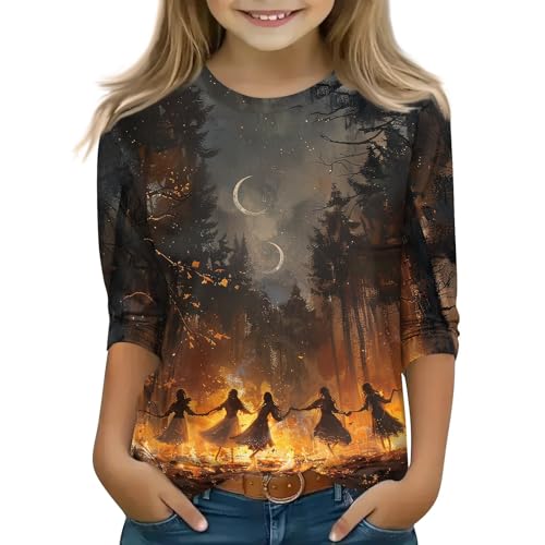 Girls Halloween Pumpkin Bat Print 3/4 Sleeve T-Shirt Soft Crewneck Holiday Top for Kids Festive Fall Tee