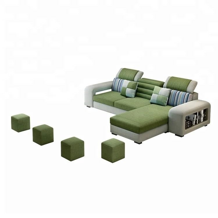 Image of Travis Modern 8 Seater L Shape Sofa Set for Living Room Green & Light Grey RHS | 4 Ottoman with L Shape Sofa | Fabric Sofa 8 Seater for Office Festival Gifts