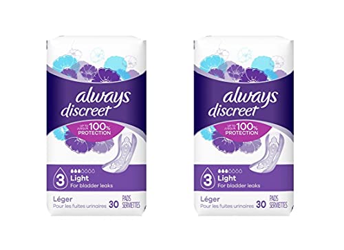 always discreet, incontinence light pads, 3 drops - 30 pads each (value pack of 2)
