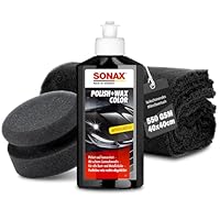 Auto Politur Set | Sonax Polish & Wax Color Schwarz 250ml Autopolitur + Polierschwamm + Poliertuch | Polierpaste für dunkle Metalliclacke zur Entfernung kleiner Kratzer | Polierset