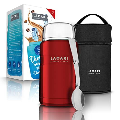 LACARI Termo | Recipiente térmico para alimentos de acero inoxidable en rojo de 700ml | Taza para almuerzo y cereales para llevar | Libre de BPA | Incluye cuchara y bolsa Cover