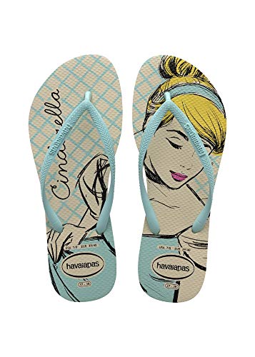 Chinelo Slim Princesas, Havaianas, Feminino, Bege Palha/Azul, 37/38