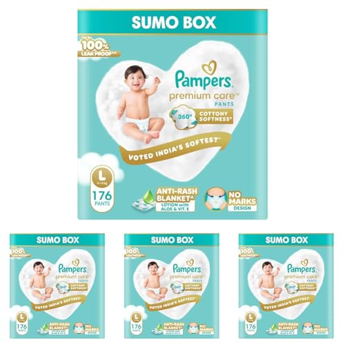 Image of Pampers Premium Care Pant Style Baby Diapers L 176 Count | No Marks Design | Voted India's #1 Softest Diaper | All in 1 diaper with 360 Cottony Softness (Pack of 4)