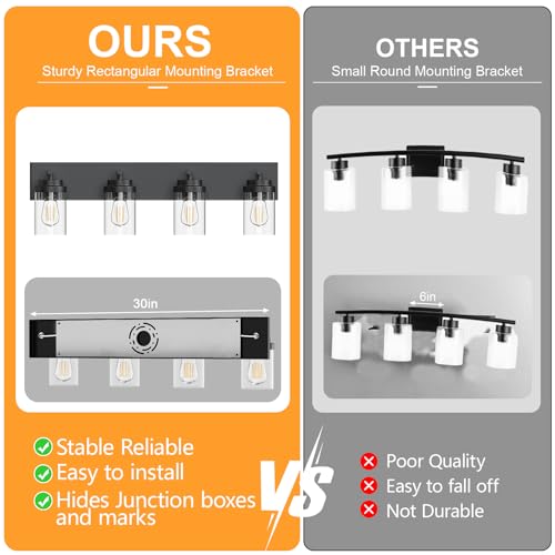 Image of IZORRO Bathroom Vanity Light Fixture, 4-Light 30 Inch Matte Black Bathroom Light Fixtures Over Mirror, with Clear Glass Shade, Modern Farmhouse Vanity Lights, Rustic Restroom Lighting Fixtures