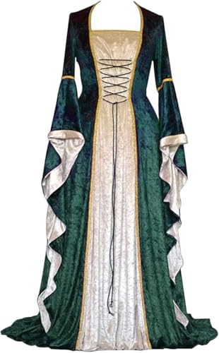 Velcoxplay Abito retrò medievale da donna in velluto con maniche a tromba, stile medievale, regina vittoriana, rinascimentale, Halloween, carnevale, costume gotico, verde, S