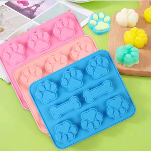 3 Stück Hundekekse Backform,Silikonformen Backen mit Hundepfoten und Knochen Muster,Non-Stick Food Grade,Backmatten mit Teigschaber, für Hundeleckerlies, SüßIgkeiten, Gelee, Kekse, Pudding(3 Farben)