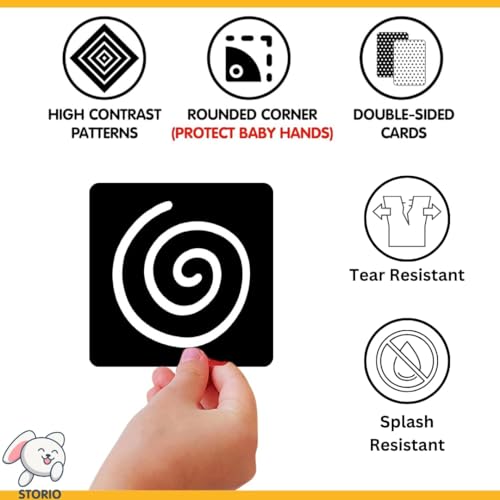 Storio High Contrast Flash Cards for Babies & Infants | Newborn Visual Stimulation & Sensory Development Language_Skills for 0 to 12 Months Kids, 48 Pictures | Best Gift |Travel Friendly