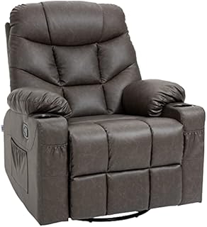 HOMCOM Manual Recliner Chair, Overstuffed PU Leather Recliner Armchair with Footrest, Cup Holders, Side Pockets, 360° Swivel for Living Room Bedroom, Dark Brown