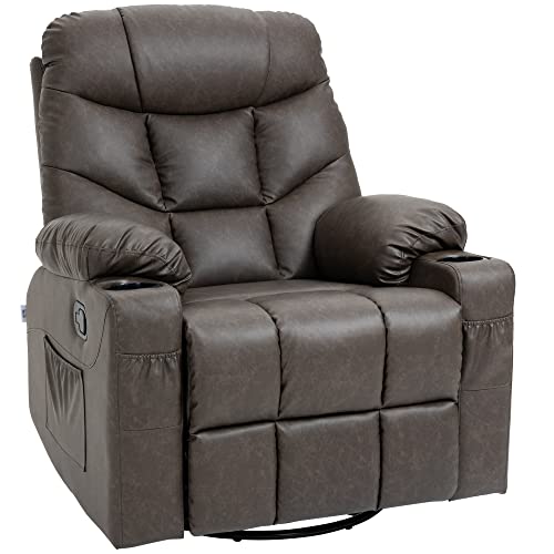 HOMCOM Recliner Armchair, Swivel PU Leather Manual Reclining Chair with Adjustable Leg Rest, Drink Holders, Side Pockets, Rocker Chair for Home Living Room, Dark Brown