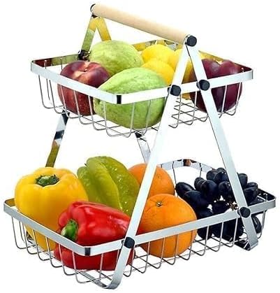 Metal Fruit and Vegetable Storage Basket for Kitchen Counter - Rustproof Wire Fruit Stand with Airflow Design, Onion and Potato Organizer Rack, Non-Slip Feet, Space-Saving Countertop Storage