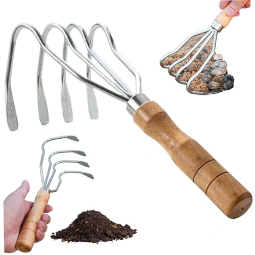 Muschelrechen, 4 Zähne, Stahlklammerrechen, rutschfester Handrechen mit Holzgriff, robuster Mehrzweck-Muschelrechen für Klammerrechen, Gartenarbeit und mehr, Muschelrechen für Klammerrechen, Handreche