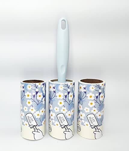 Image of House of Quirk Lint Rollers Brush Reusable Sticky Picker Cleaner Roller Easy-Tear Sheets Pet Hair Lint Roller 10cm Sheet Set of 3 Rolls 180 Sheets, 60 Sheets Each roll - Blue Daisy