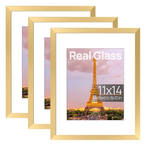 Image of upsimples 11x14 Picture Frame, Gallery Glass Photo Frames Set of 3, Gold