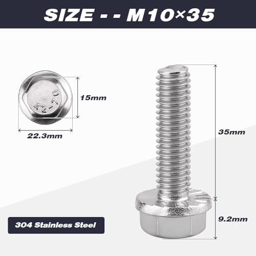 Image of M10-1.5 x 35mm (8 pcs) Flanged Hex Bolts, 304 Stainless Steel 18 /8, Large Washer Head Automotive Screws for Car Parts & Machinery Replacement