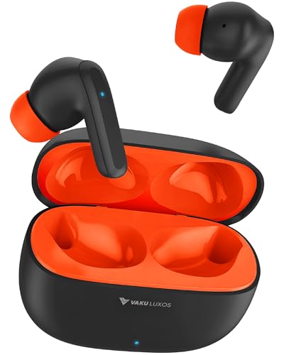 Image of Vaku Luxos SONAIR TWS Bluetooth 5.4 Earbuds | 60H Playtime | Touch Controls | Type-C Fast Charging | 10mm Driver | Voice Assistant | Deep Bass Wireless Earbuds with Charging Case- Black /Orange