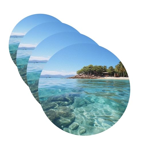 Lot de 4 dessous de verre en cuir pour boissons, île des Fidji et sous-verre transparent, facile à nettoyer, dessous de verre résistant à la chaleur pour protection de table, 10,2 cm