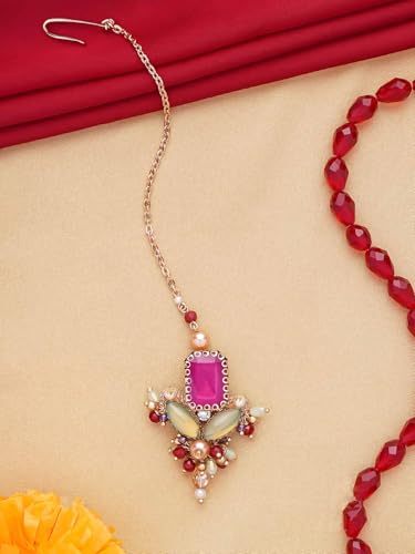Image of SANJOYA Gold Plated Traditional Embroidered Jewellery for Women & Girls | Stone Studded Wedding, Festive, Mehendi, Sangeet Collection | Necklace, Earrings, Maang Tikka, Bracelet & Ring