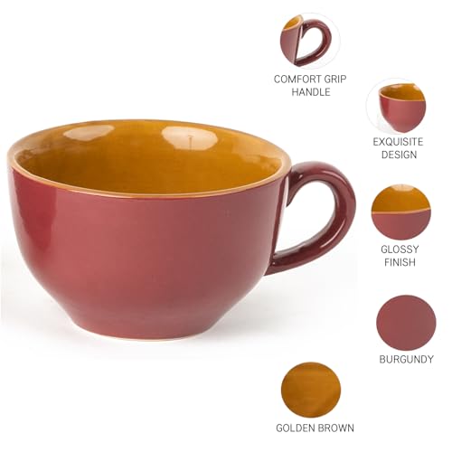 Image of Bodhi House Ceramic Coffee Wide Large Mug with Handle - Set of 2, 350Ml Glossy Finish | Bone Ash Free & Microwave Safe | for Cappuccino, Latte, Green Tea - Burgundy