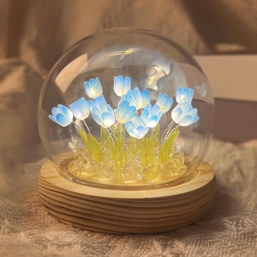 Image of XERGY DIY Glass Dome Flower Lamp - Romantic Tulip Night Light with 18 Flower, Wooden Base | Warm Ambient Decorative Light for Bedroom, Living Room, Gifts - Blue